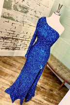 One-Shoulder Long Sleeve Tiffany Blue Sequins Long Classy Dress
