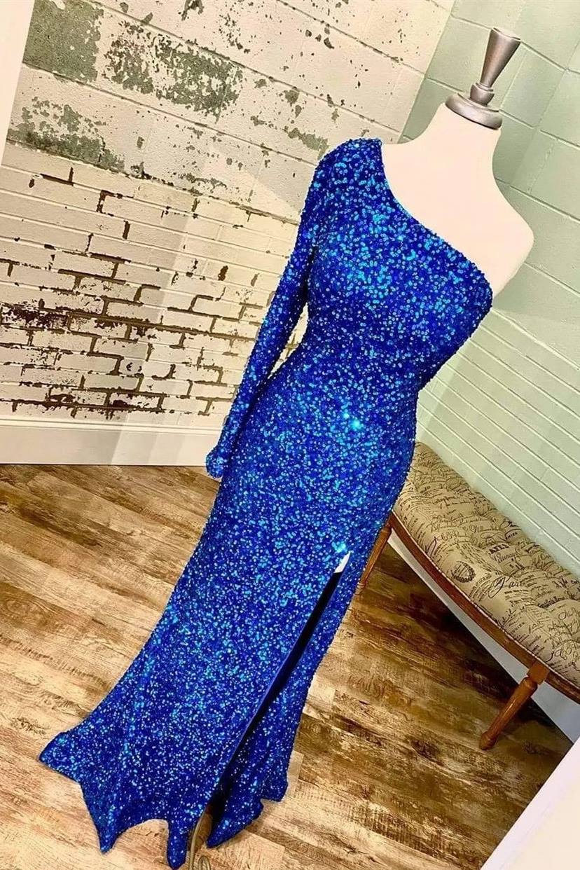 One-Shoulder Long Sleeve Tiffany Blue Sequins Long Classy Dress