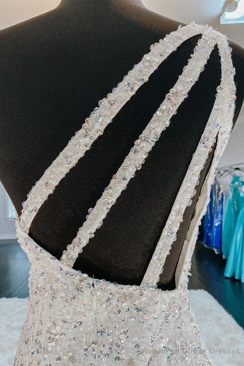 One Shoulder Mermaid Sequins Ivory Long Prom Dress, Open Back Formal Dress,Sequins Sexy Evening Dresses Secondary image