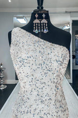 One Shoulder Mermaid Sequins Ivory Long Evening Prom Dress, Open Back Mermaid Ivory Formal Dress, Sequins Ivory Evening Dress
