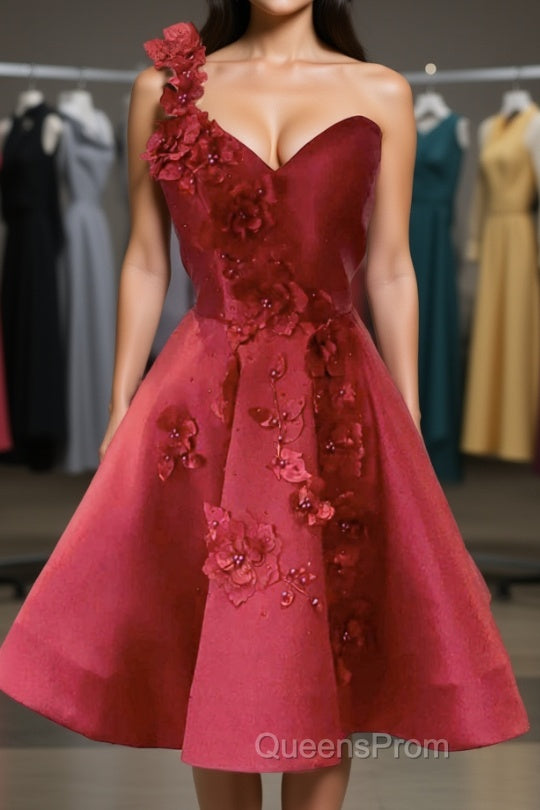 One Shoulder Open Back Burgundy Floral Short Evening Prom Dress, Wine Red Floral Formal Evening Homecoming Dress Main image