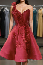 One Shoulder Open Back Burgundy Floral Short Evening Prom Dress, Wine Red Floral Formal Evening Homecoming Dress