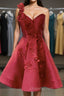 One Shoulder Open Back Burgundy Floral Short Evening Prom Dress, Wine Red Floral Formal Evening Homecoming Dress