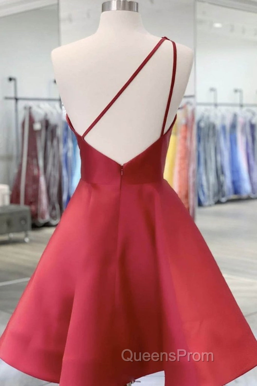 One Shoulder Open Back Burgundy Floral Short Evening Prom Dress, Wine Red Floral Formal Evening Homecoming Dress Secondary image