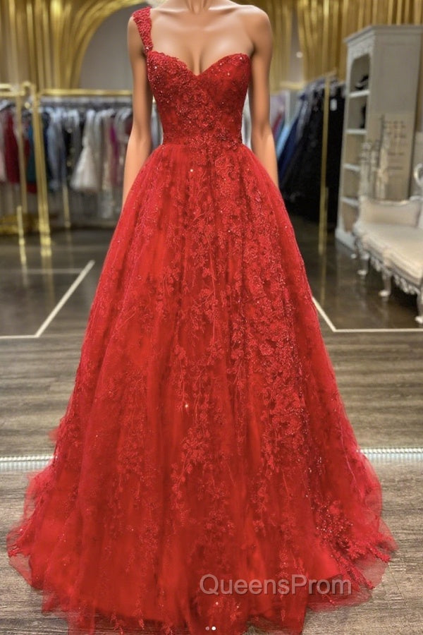 One Shoulder Open Back Red Lace Long Evening Prom Dress, Sweetheart Neck Red Lace Formal Dress, Red Evening Dress Main image