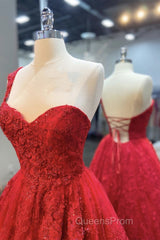 One Shoulder Open Back Red Lace Long Evening Prom Dress, Sweetheart Neck Red Lace Formal Dress, Red Evening Dress