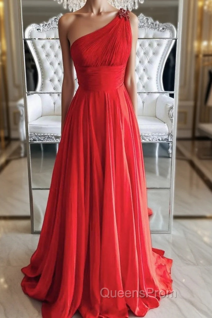 One Shoulder Open Back Red Long Evening Prom Dress, Backless Red Formal Graduation Evening Dress Main image
