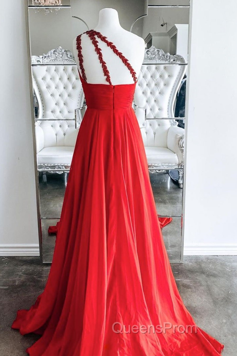 One Shoulder Open Back Red Long Evening Prom Dress, Backless Red Formal Graduation Evening Dress Secondary image