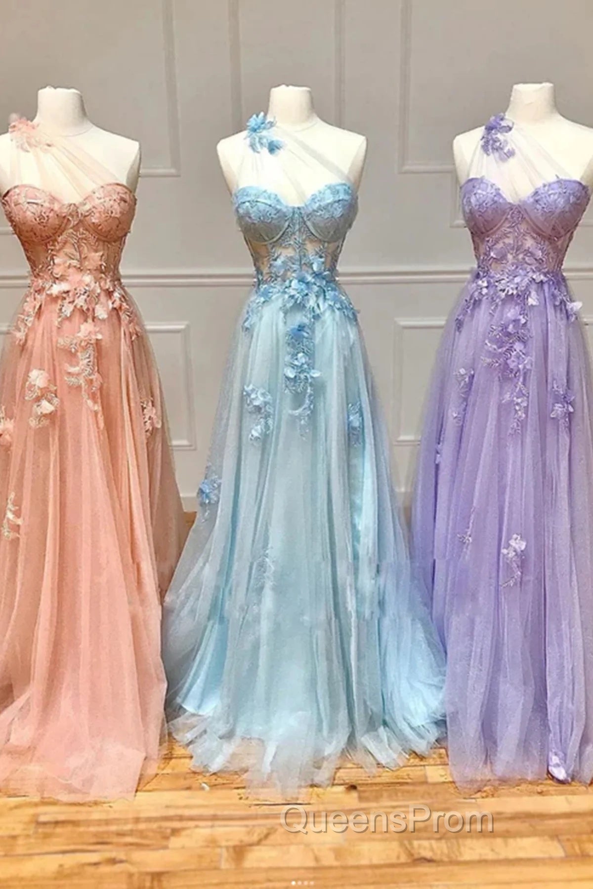 One Shoulder Pink/Blue/Purple Lace Floral Long Evening Prom Dress Secondary image