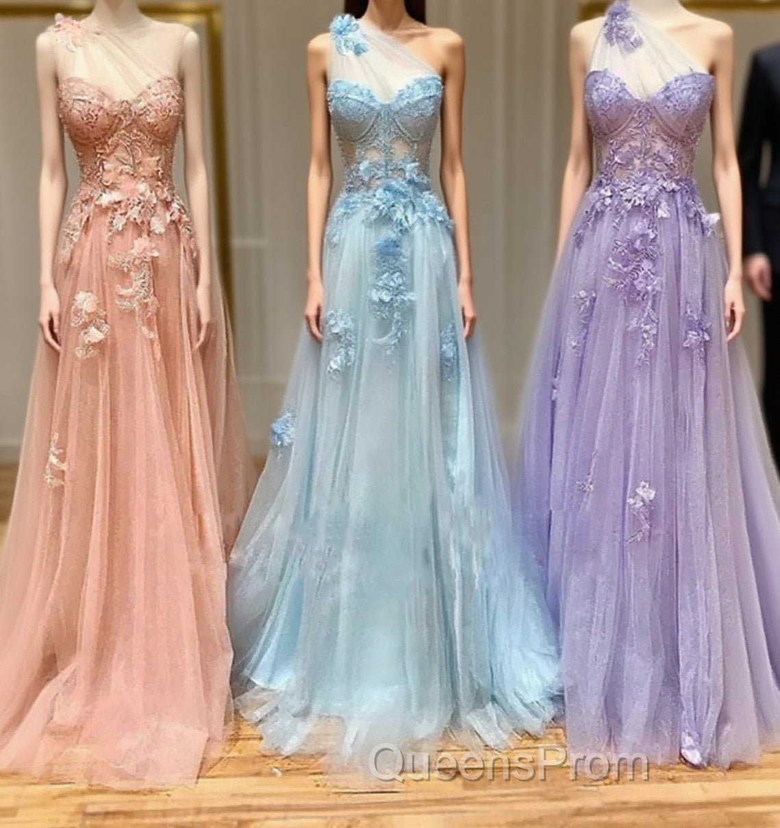 One Shoulder Pink/Blue/Purple Lace Floral Long Evening Prom Dress Main image