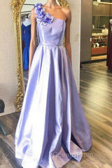 One Shoulder Purple Satin Long Evening Prom Dress with Flowers, Purple Formal Evening Dress