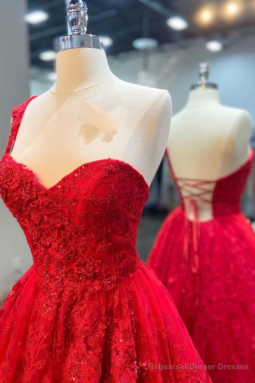 One Shoulder Red A-line Appliques Tulle Formal Evening Gown Secondary image