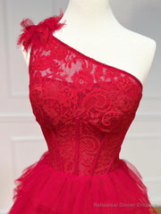 One Shoulder Red Lace High Low Prom Dresses, Red High Low Lace Formal Evening Dresses