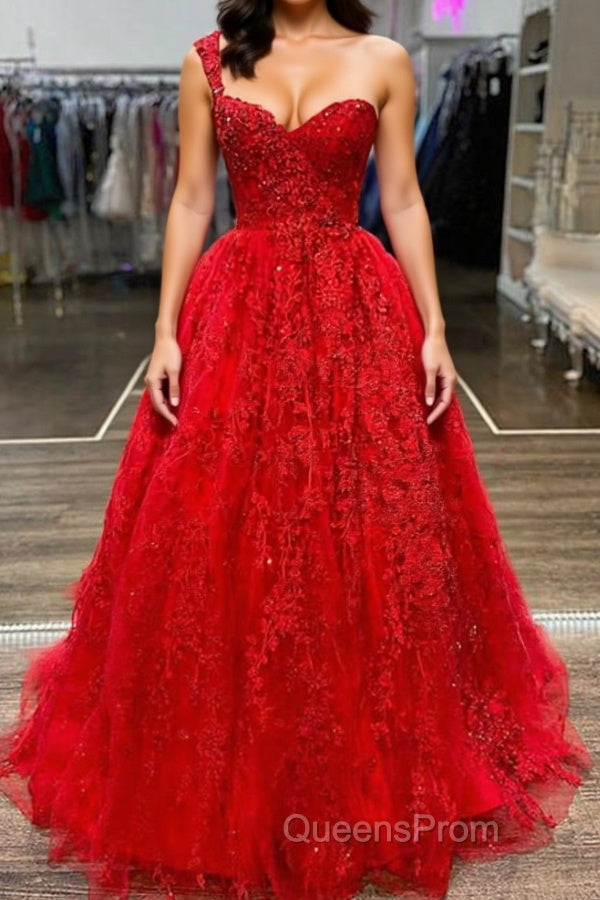 One Shoulder Red Lace Evening Prom Dress, One Shoulder Red Lace Formal Evening Dress Main image