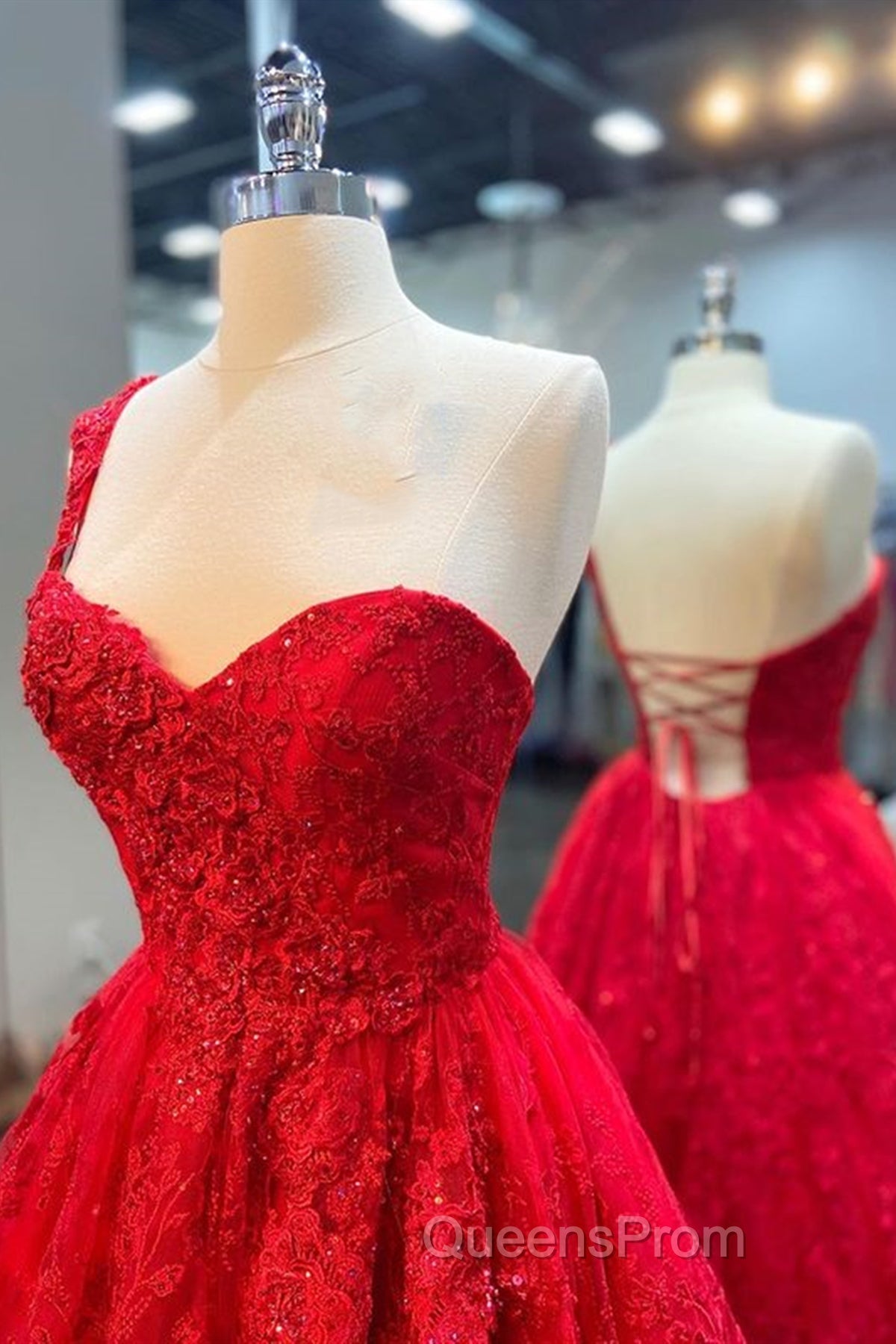 One Shoulder Red Lace Evening Prom Dress, One Shoulder Red Lace Formal Evening Dress Secondary image