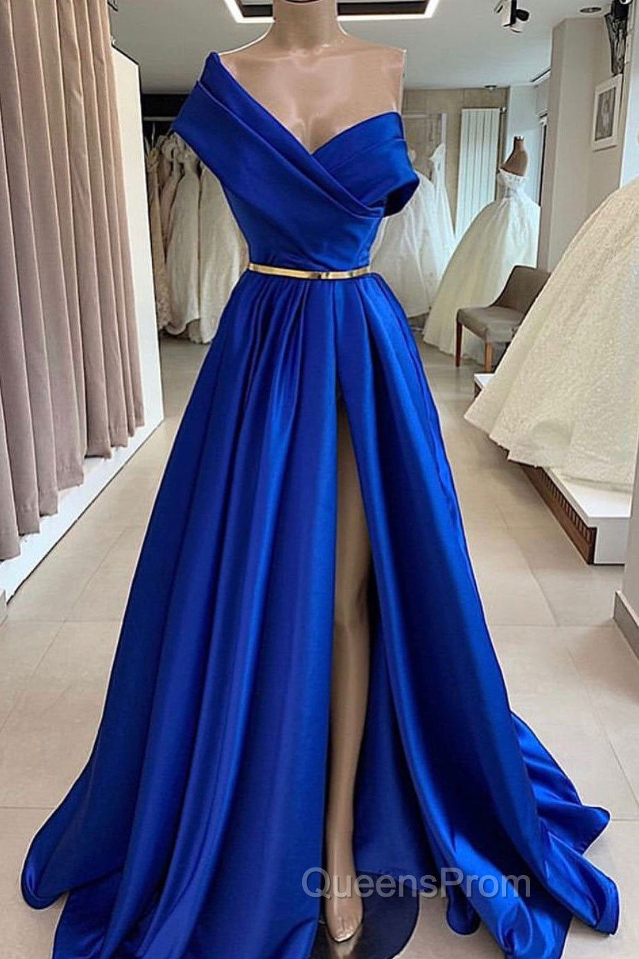 One Shoulder Royal Blue Floor Length Evening Prom Dress With High Slit, High Slit Royal Blue Long Formal Evening Dress