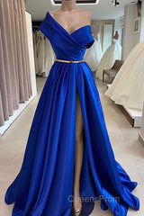One Shoulder Royal Blue Floor Length Evening Prom Dress With High Slit, High Slit Royal Blue Long Formal Evening Dress