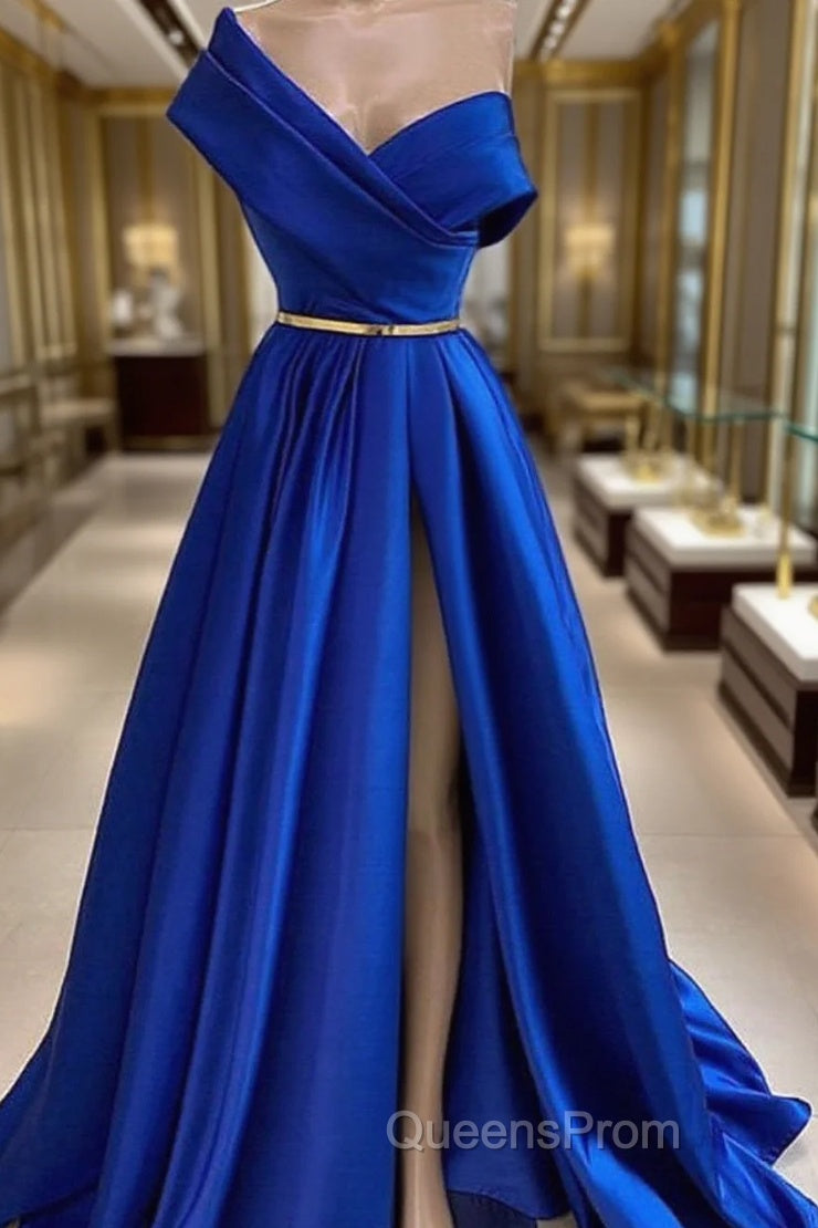 One Shoulder Royal Blue Floor Length Evening Prom Dress With High Slit, High Slit Royal Blue Long Formal Evening Dress Main image