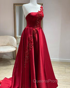 One Shoulder Satin Floor Length Evening Prom Dress Appliques