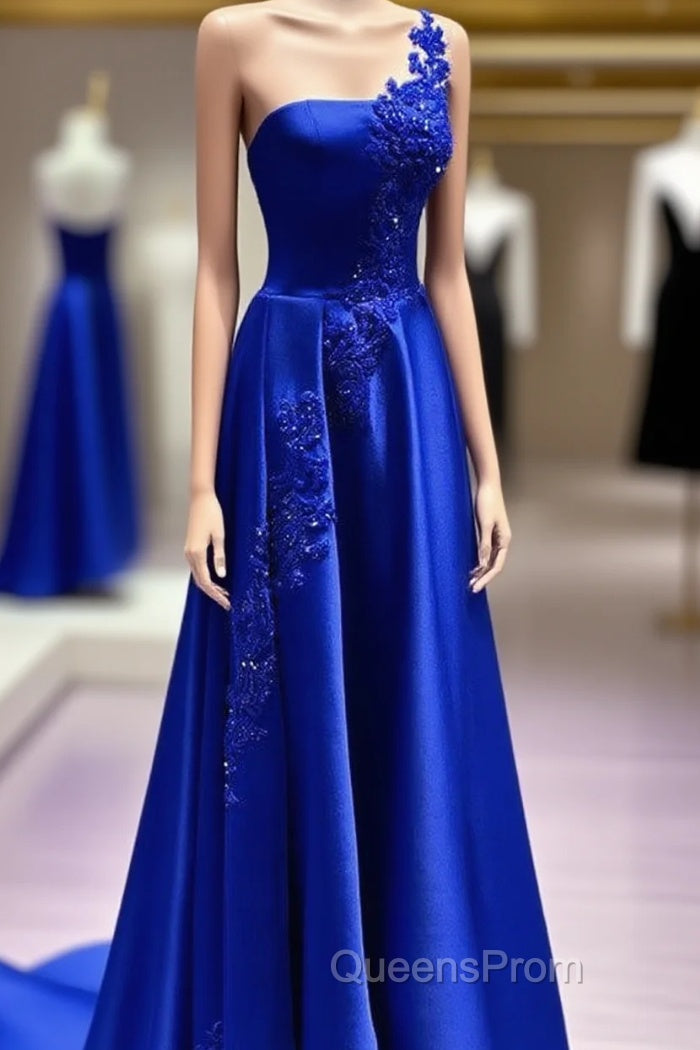 One Shoulder Satin Floor Length Evening Prom Dress Appliques Main image