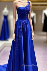 One Shoulder Satin Floor Length Evening Prom Dress Appliques