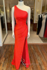 One Shoulder Satin Evening Dress With Slit