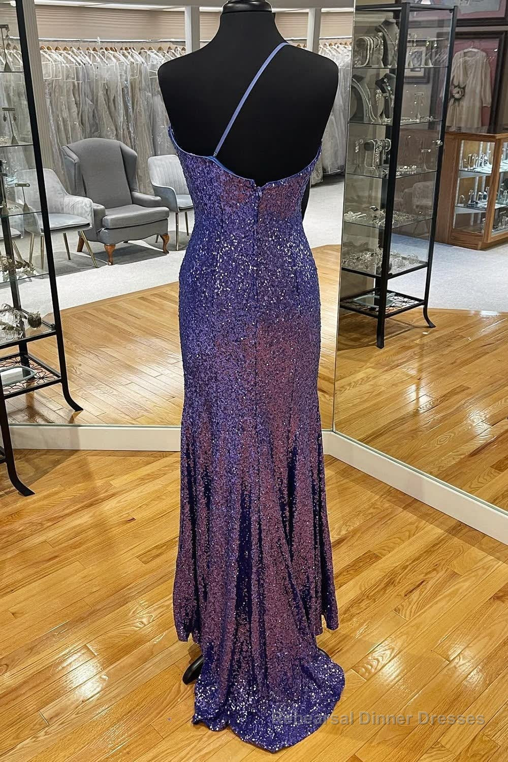 One Shoulder Sequins Mermaid Prom Dress with Slit