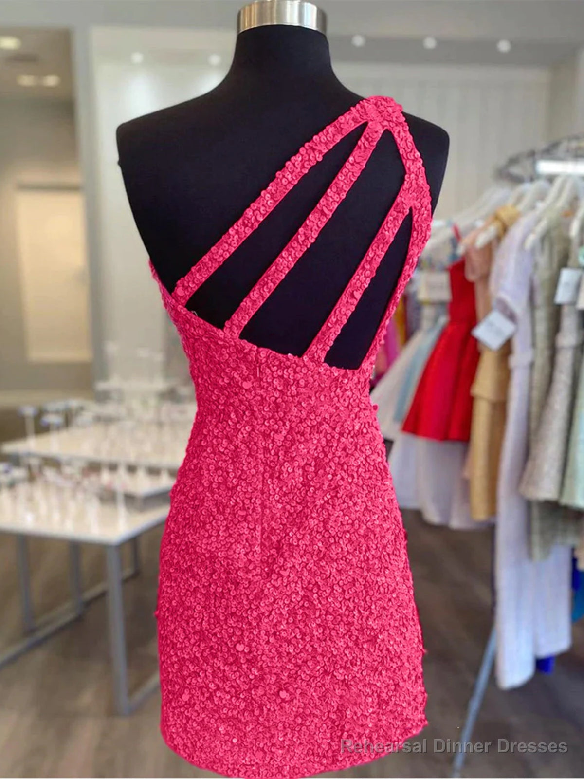 One Shoulder Short Hot Pink Prom Dresses, One Shoulder Short Hot Pink Formal Homecoming Dresses Secondary image