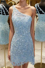 One Shoulder Short Lace Evening Prom Dress, Short Lace Formal Homecoming Dress