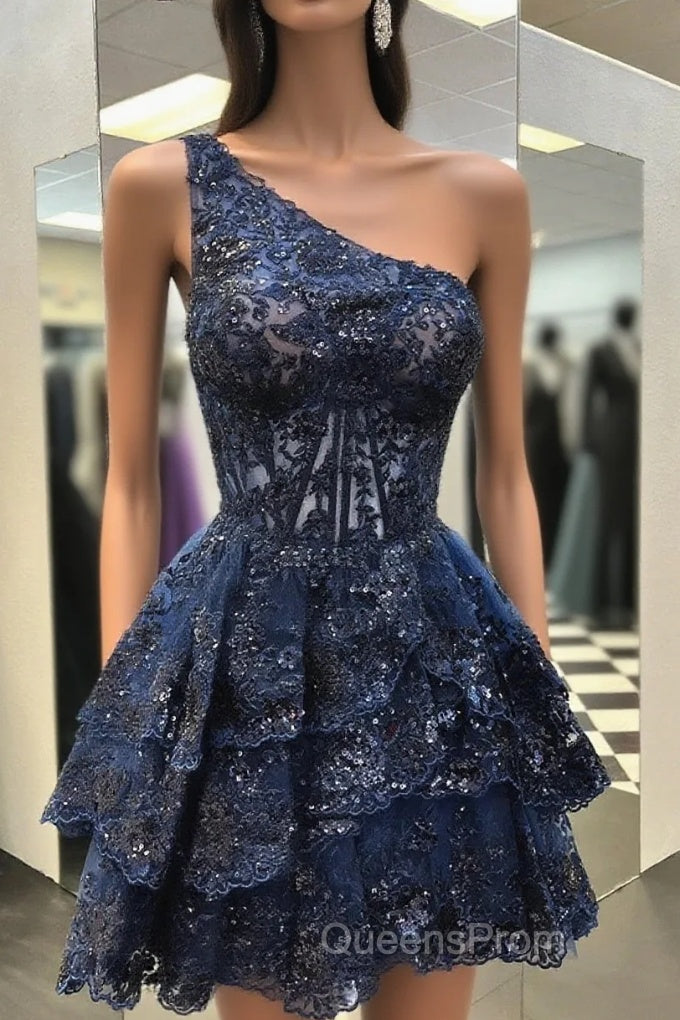 One Shoulder Short Navy Blue Lace Evening Prom Dress, One Shoulder Short Navy Blue Formal Homecoming Dress Main image