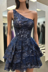One Shoulder Short Navy Blue Lace Evening Prom Dress, One Shoulder Short Navy Blue Formal Homecoming Dress