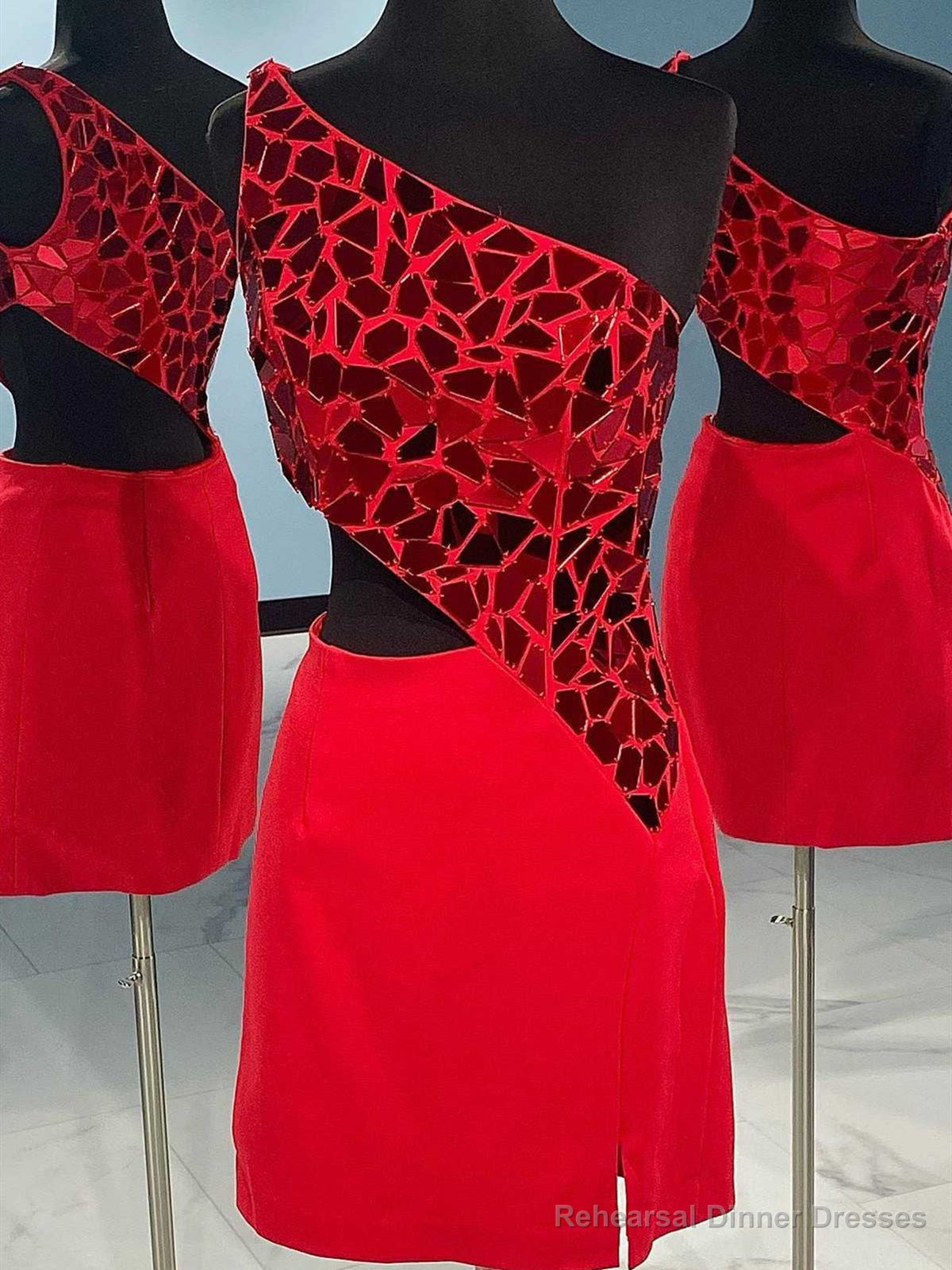 One Shoulder Short Red Prom Dresses, One Shoulder Short Red Formal Homecoming Dresses Secondary image