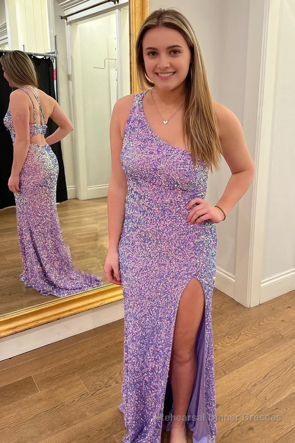 One Shoulder Sparkly Lilac Sequins Long Prom Dress with Slit Main image