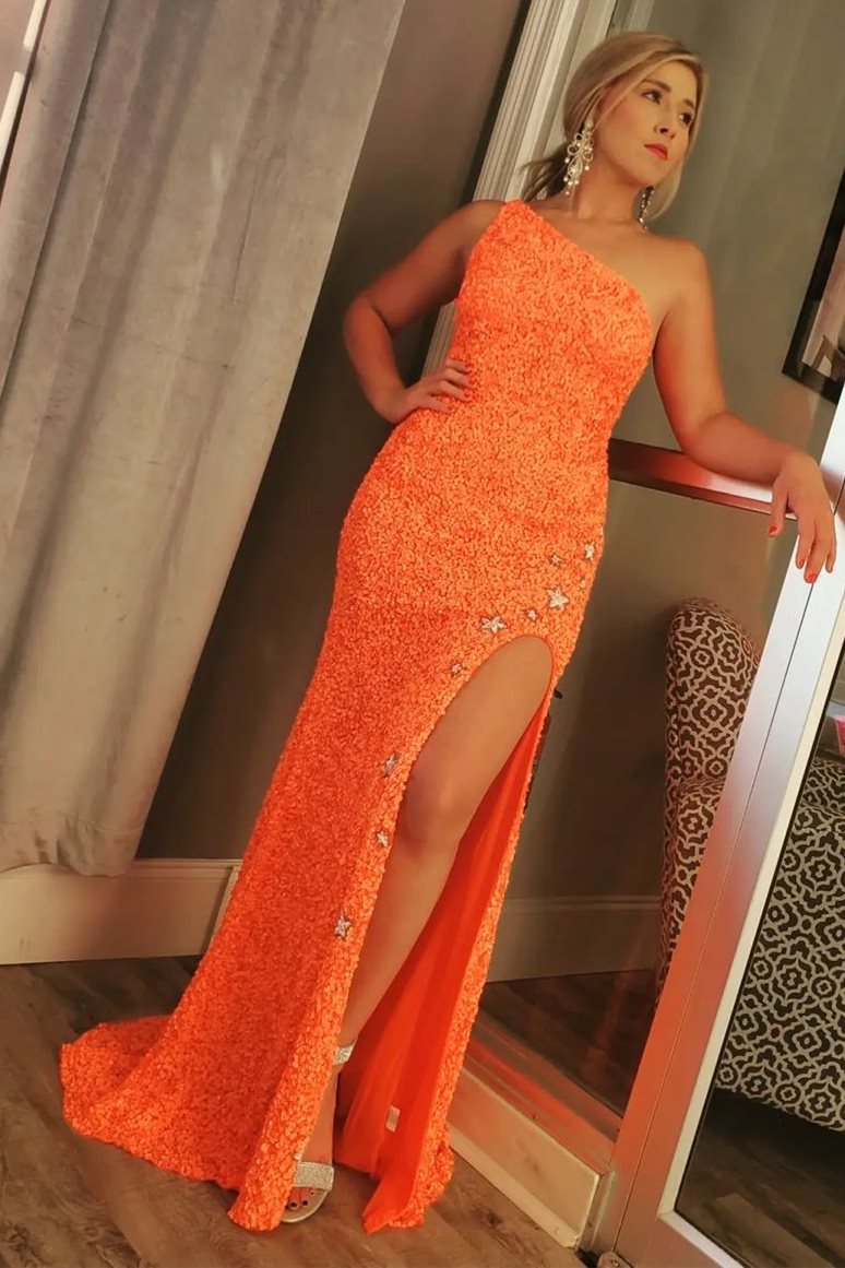 One Shoulder Stars Mermaid Sequins Classy Dress With Slit