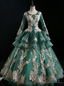 Online Store Dark Green Ball Gown Tulle Long Sleeve Appliques Quinceanera Dress