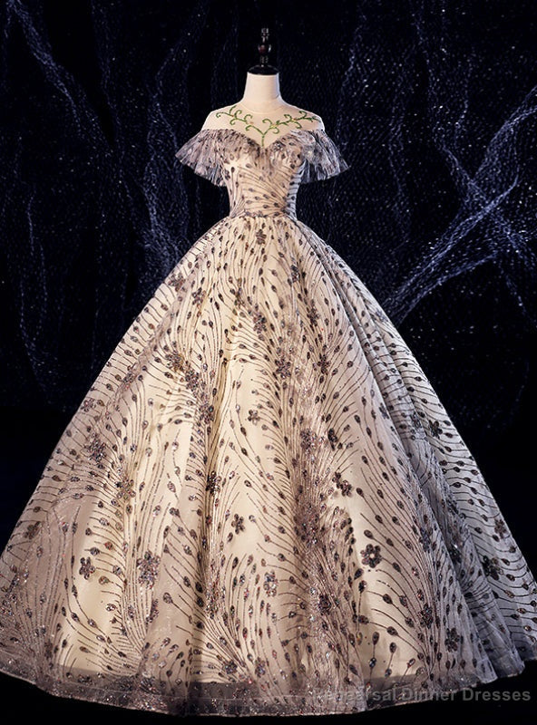 Online Store Gold Ball Gown Tulle Sequins Cap Sleeve Beading Quinceanera Dress Main image