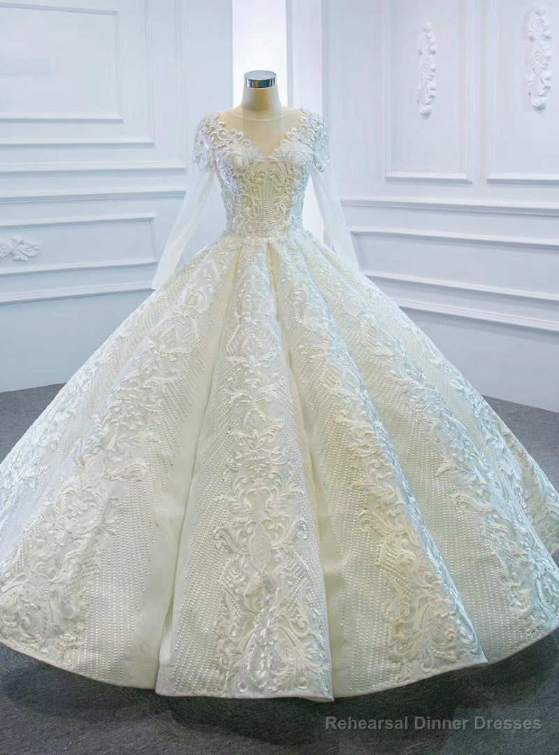 Online Store White Ball Gown Lace Appliques Long Sleeve Beading Wedding Dress Main image