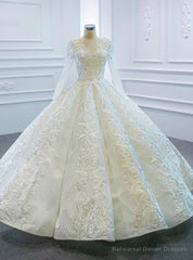 Online Store White Ball Gown Lace Appliques Long Sleeve Beading Wedding Dress