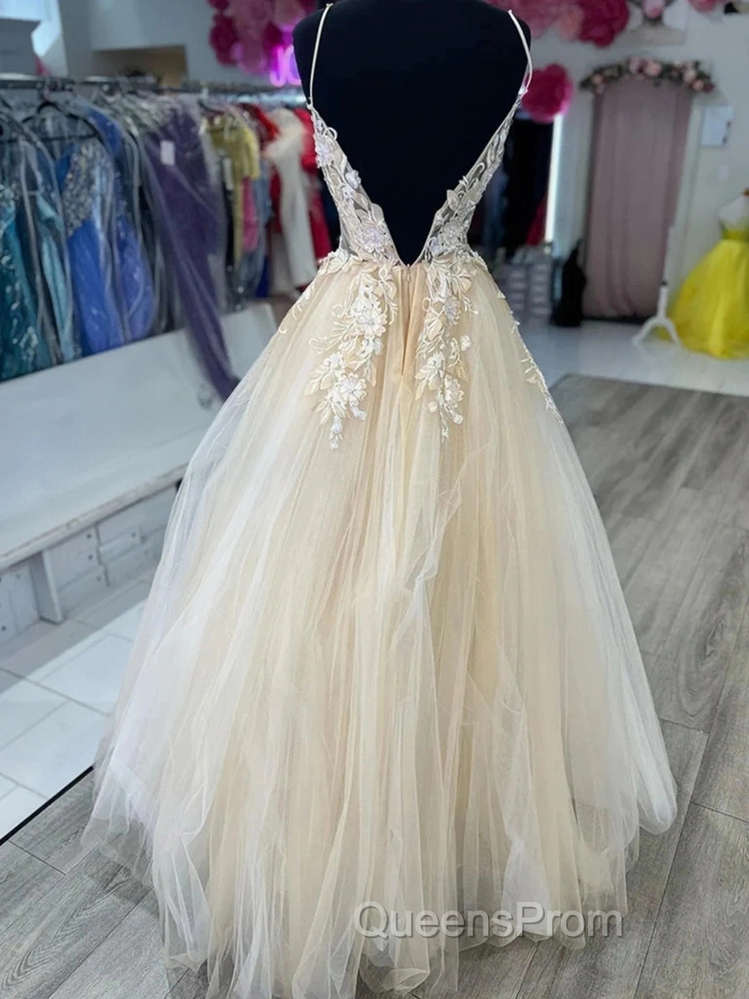 Open Back Appliques A Line V Neck Champagne Evening Prom Dress Secondary image