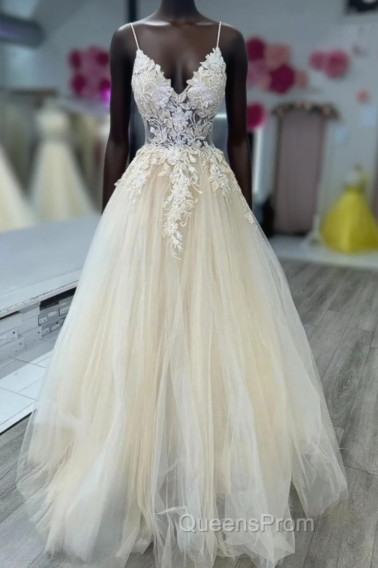 Open Back Appliques A Line V Neck Champagne Evening Prom Dress
