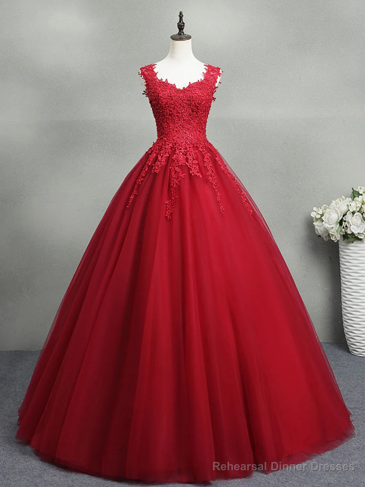 Open Back Burgundy Lace Tulle Long Prom Dresses, Burgundy Lace Formal Evening Dresses Secondary image