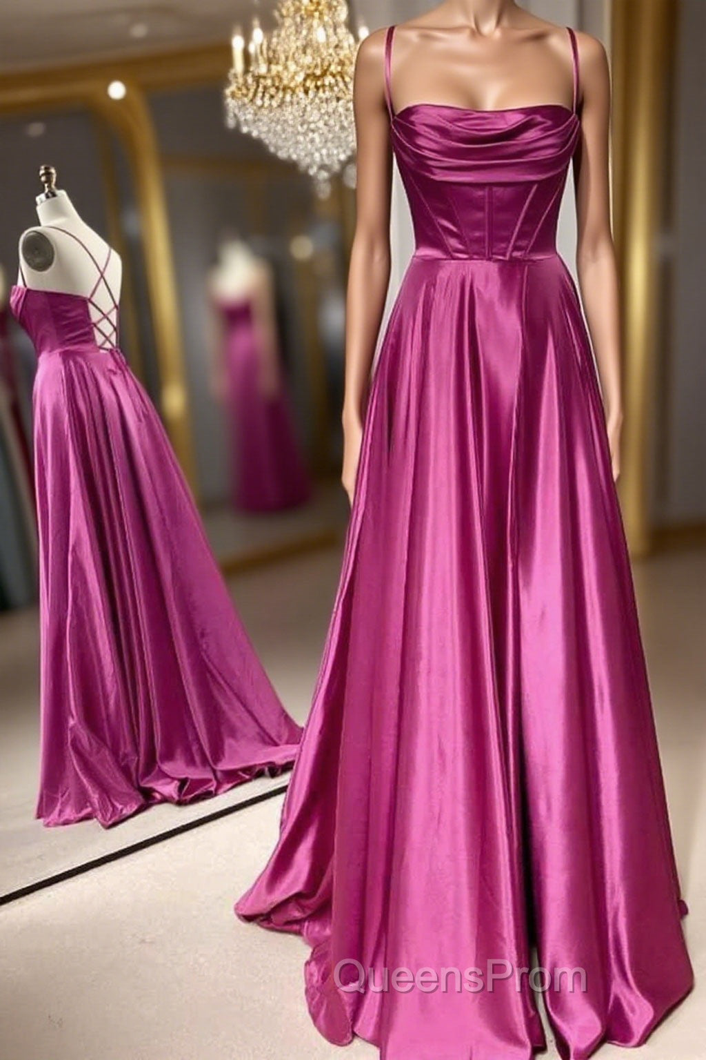 Open Back Fuchsia Satin Ruched Long Evening Prom Dress, Long Fuchsia Formal Graduation Evening Dress Main image