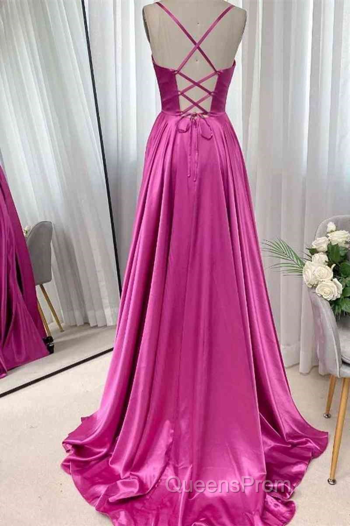 Open Back Fuchsia Satin Ruched Long Evening Prom Dress, Long Fuchsia Formal Graduation Evening Dress Secondary image