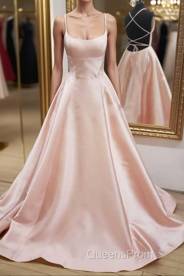 Open Back Pink Satin Long Evening Prom Dress, Backless Pink Satin Long Formal Evening Dress Main image