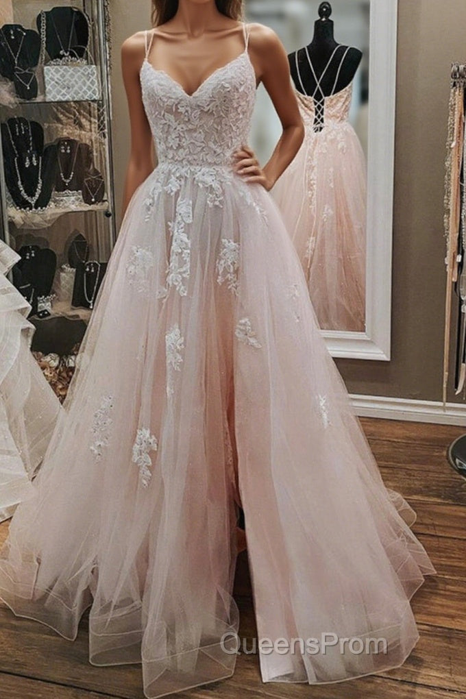 Open Back Pink Tulle Lace Long Evening Prom Dress with Appliques, Pink Lace Formal Graduation Evening Dress Main image