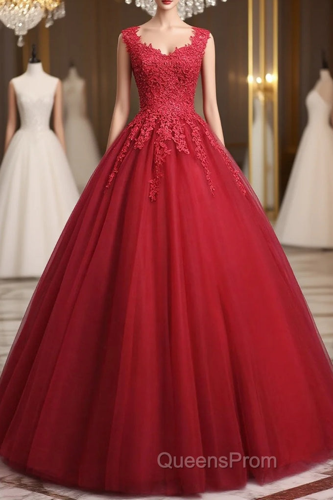Open Back Red Lace Long Evening Prom Dress, Red Lace Formal Evening Dress, Red Ball Gown Main image