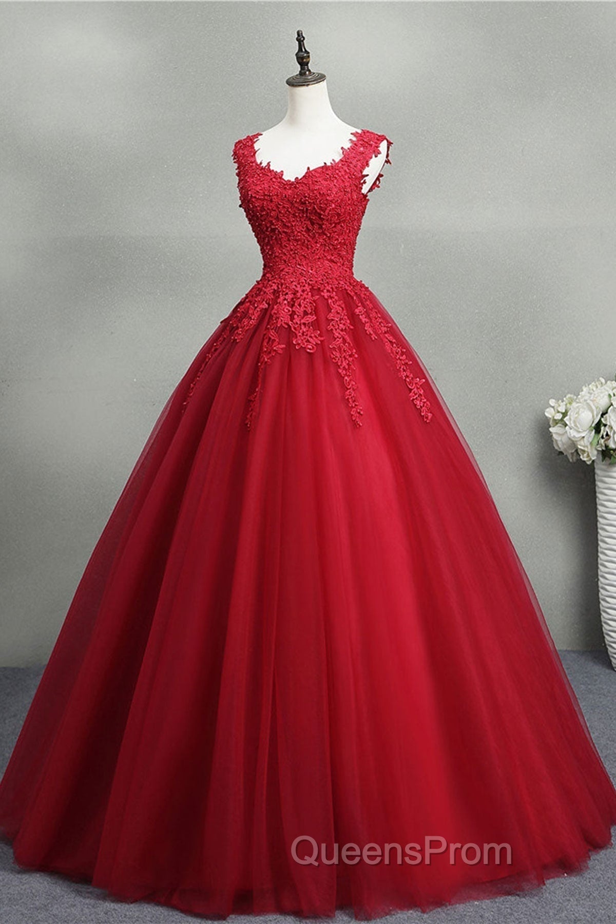 Open Back Red Lace Long Evening Prom Dress, Red Lace Formal Evening Dress, Red Ball Gown Secondary image