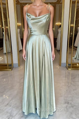 Open Back Sage Satin Long Evening Prom Dress with High Slit, Long Sage Formal Graduation Evening Dress