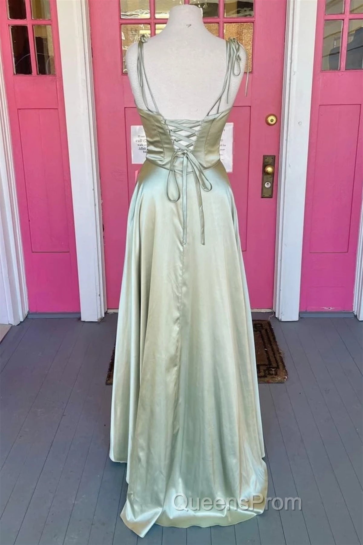 Open Back Sage Satin Long Evening Prom Dress with High Slit, Long Sage Formal Graduation Evening Dress Secondary image