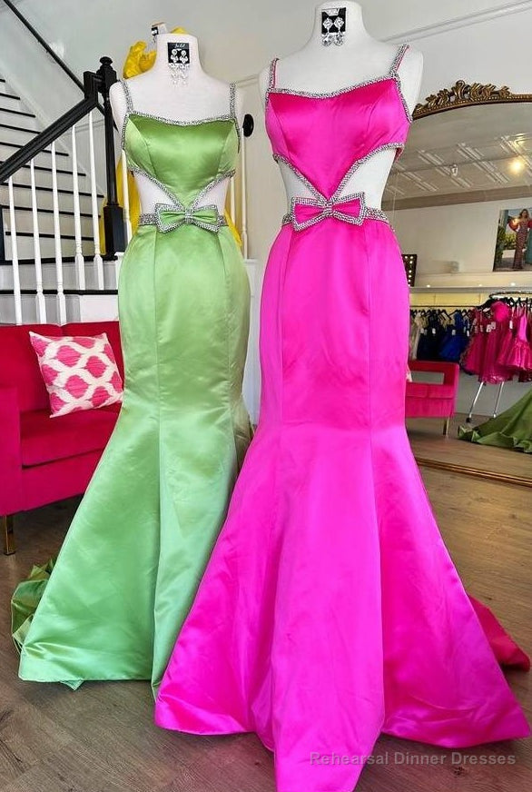 Open Back Satin Long Prom Dress with Cutouts and Bow Embellishments Main image